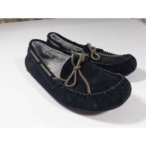 UGG Women's Slipper Moccasin Style Black Suede Sz 8 Indoor Outdoor Rubber Soles - Picture 2 of 13